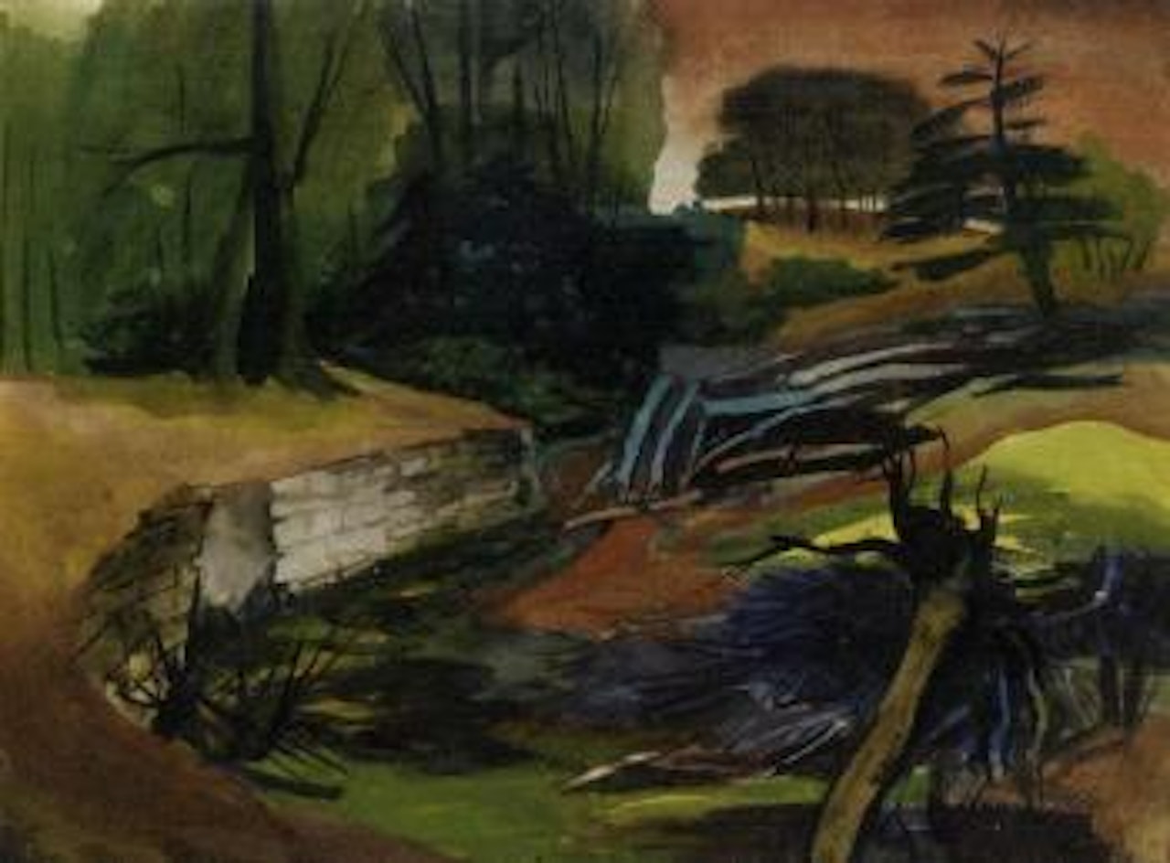 Uprooted trees, red landscape by William Scott