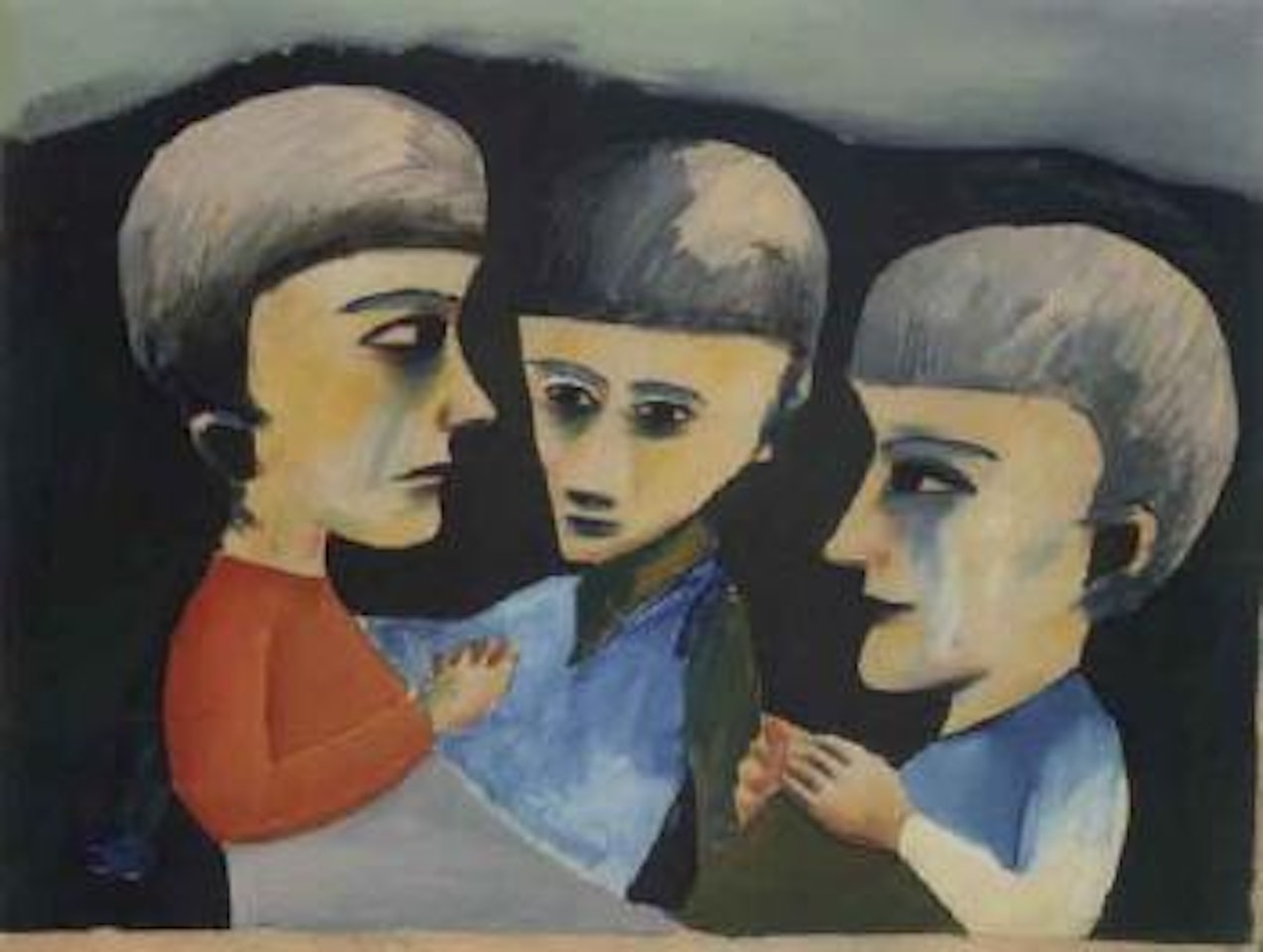 Three children on a mountain by Charles Blackman
