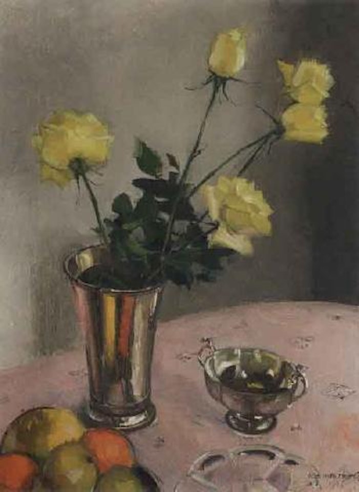 Still life of yellow roses in silver vase by Olle Hjortzberg