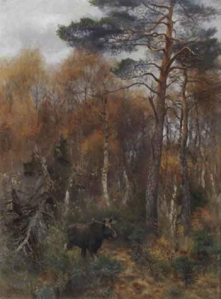 Wooded landscape with elk by Bruno Liljefors