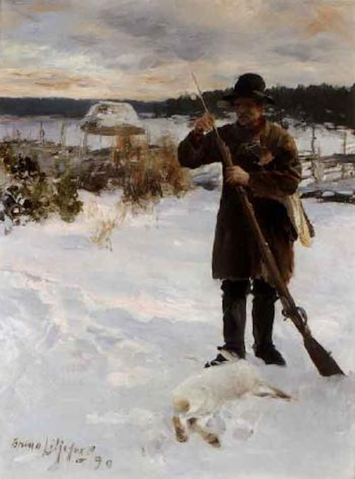 Peasant hunter in snowy landscape by Bruno Liljefors