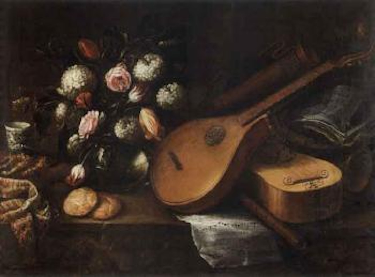 Still life of flowers and musical instruments by Giuseppe Recco