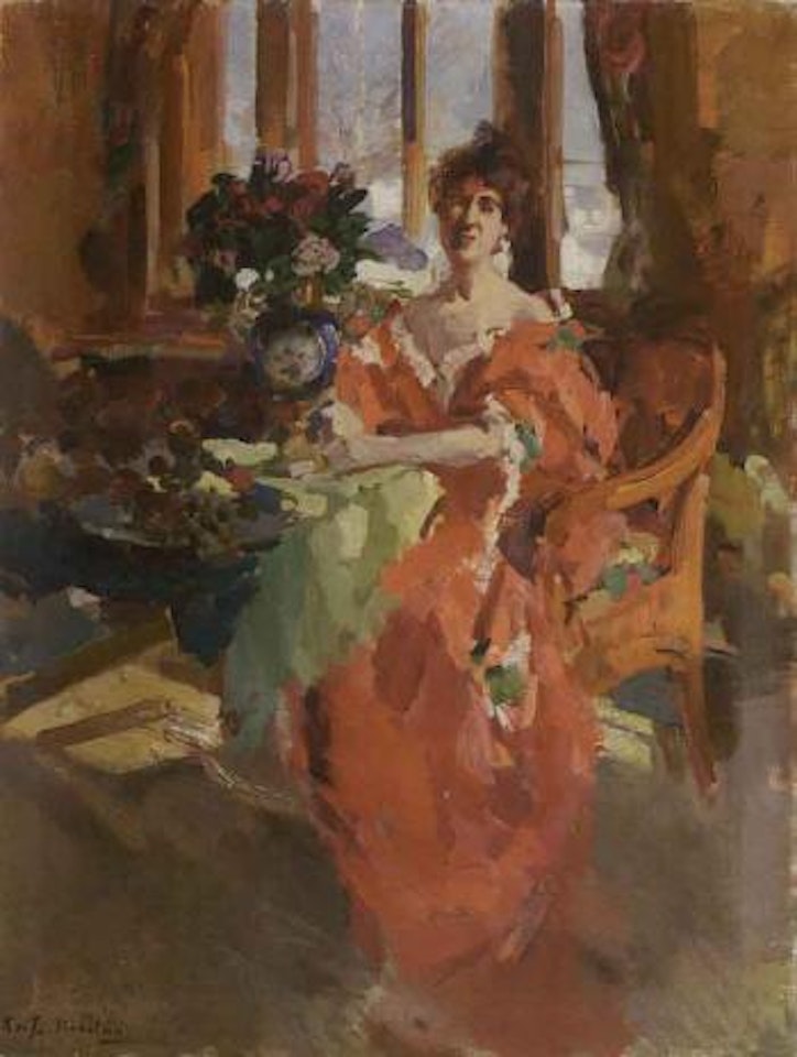 Interior scene with lady wearing red dress by Konstantin Alekseevich Korovin