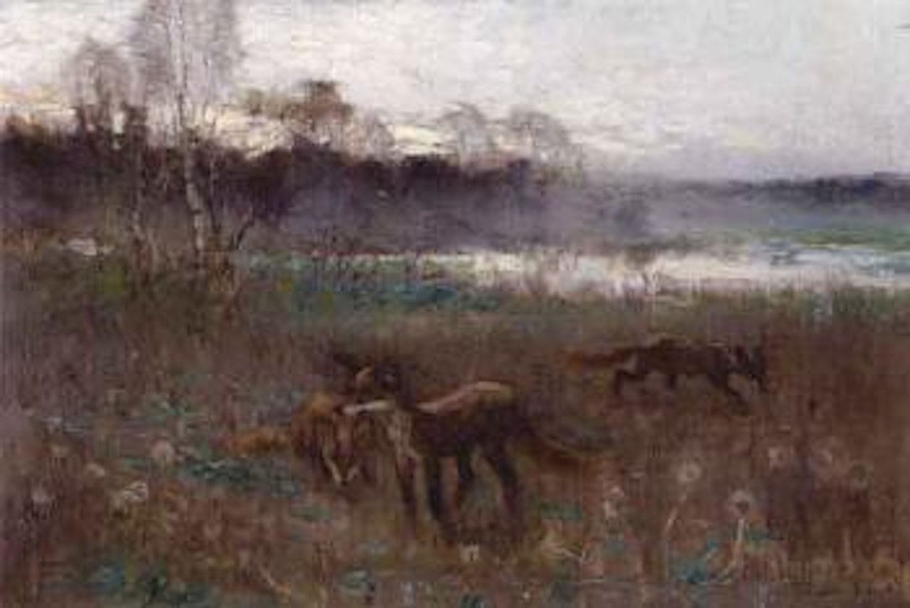 Twilight landscape with family of foxes by Bruno Liljefors