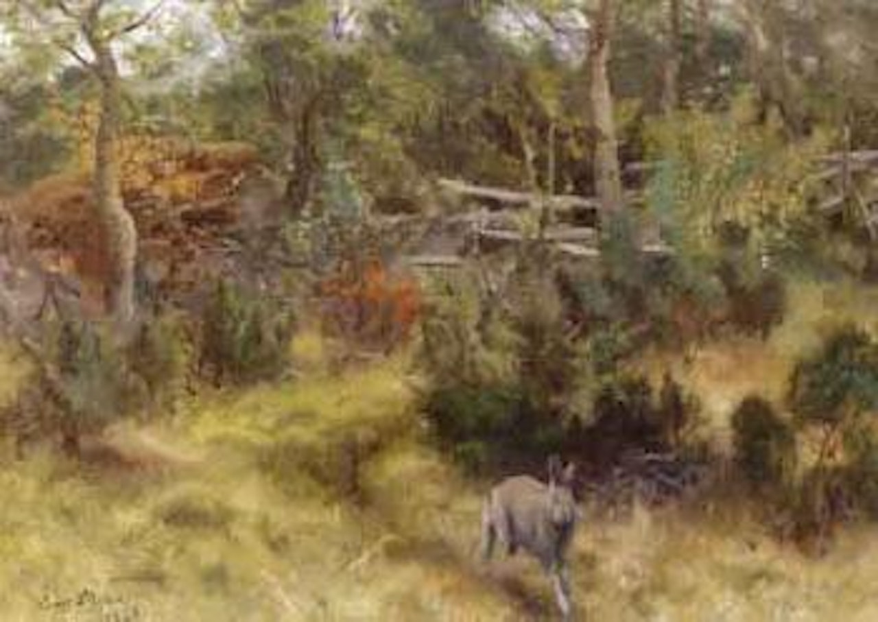 Summer landscape with hare by fence by Bruno Liljefors