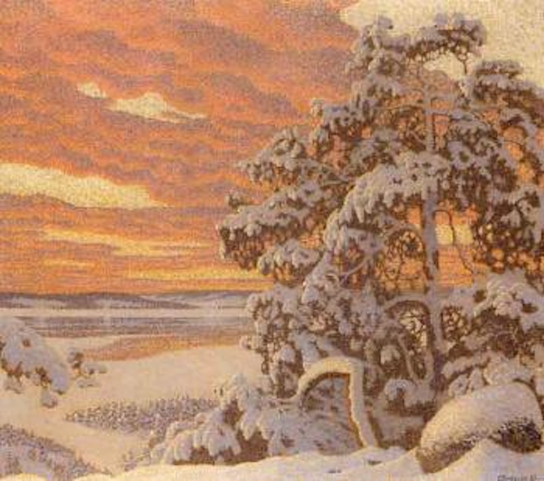 Winter landscape at sunset by Gustaf Fjaestad