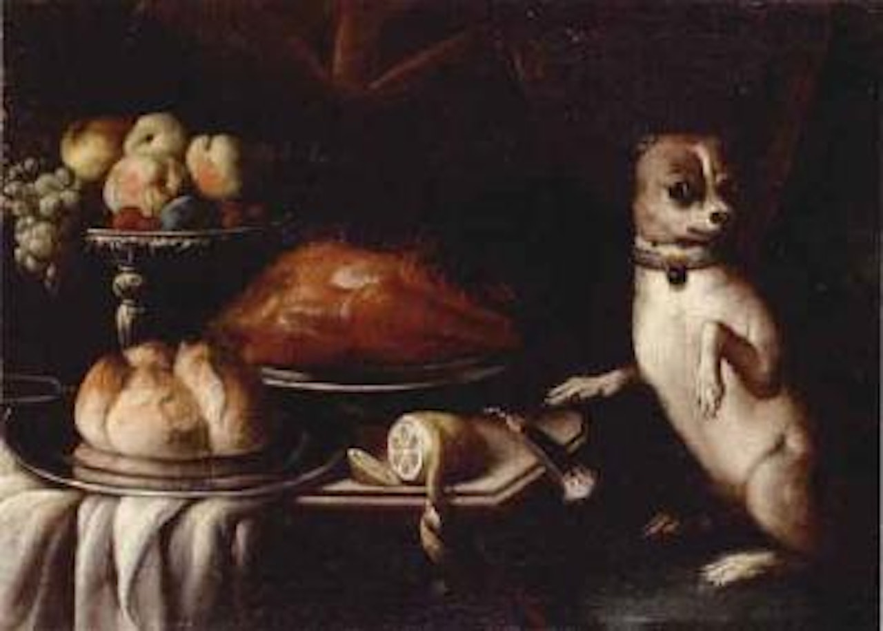 Still life of food on table with small dog watching by Neapolitan School