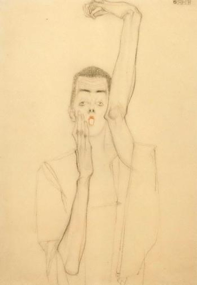 Selbstbildnis mit erhobenem linken Arm und rotem Mund by Egon Schiele