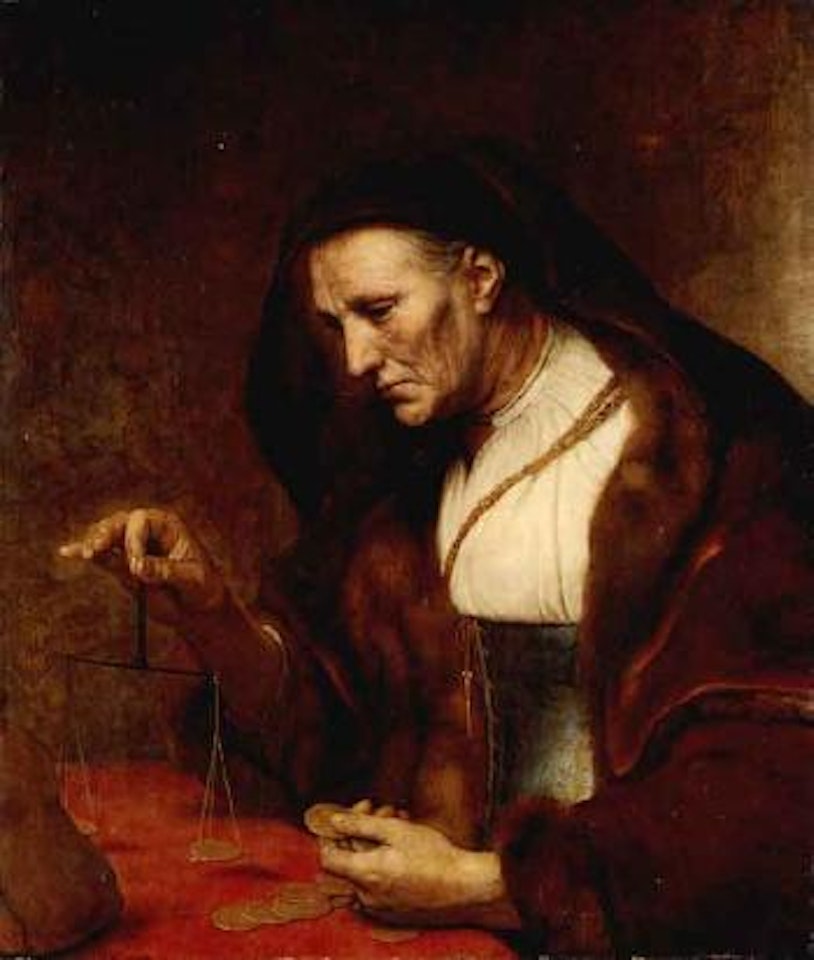 An old woman weighing gold coins by Attributed to Rembrandt Harmensz van Rijn