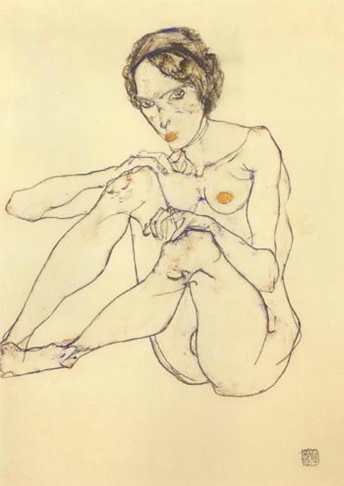 Sitzender weiblicher Akt. Stehender mannlicher Akt by Egon Schiele