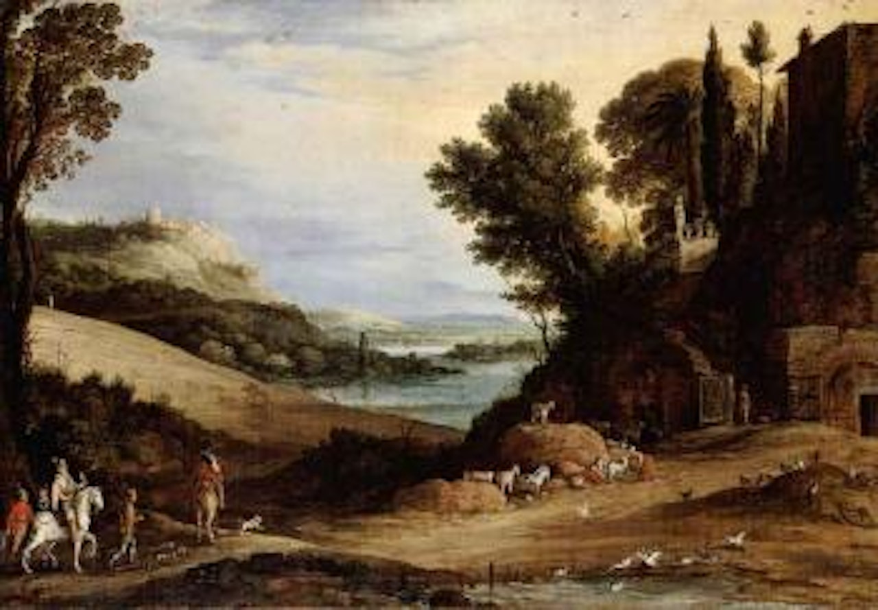 Italianate landscape with a hawking party approaching a villa by Paul Bril