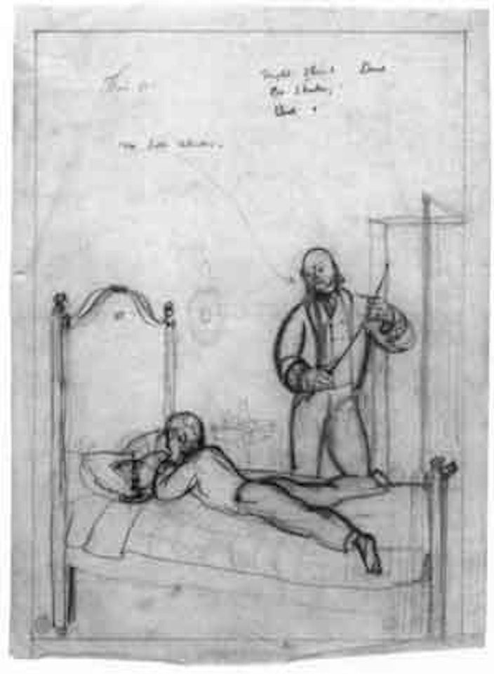 Young man on a bed with a man holding a switch. Pocket watches by Rockwell Kent