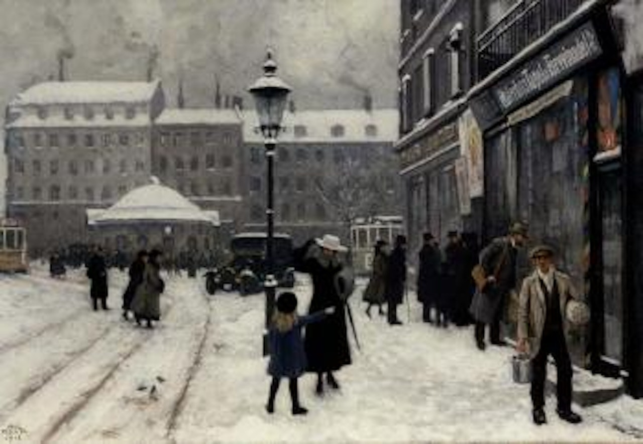 Figures in a town square in winter by Paul Fischer