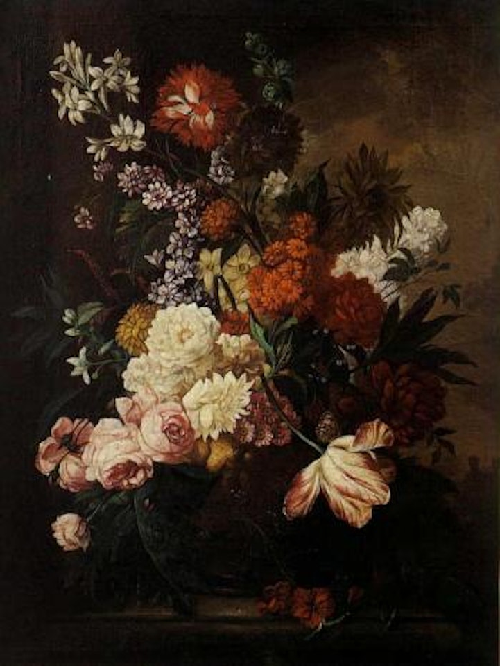 Nature morte au vase de fleurs sur un entablement by Dutch School