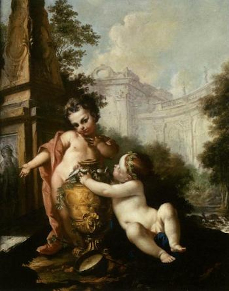 Deux putti jouant dans un paysage architecture by Christian Wilhelm Ernst Dietrich