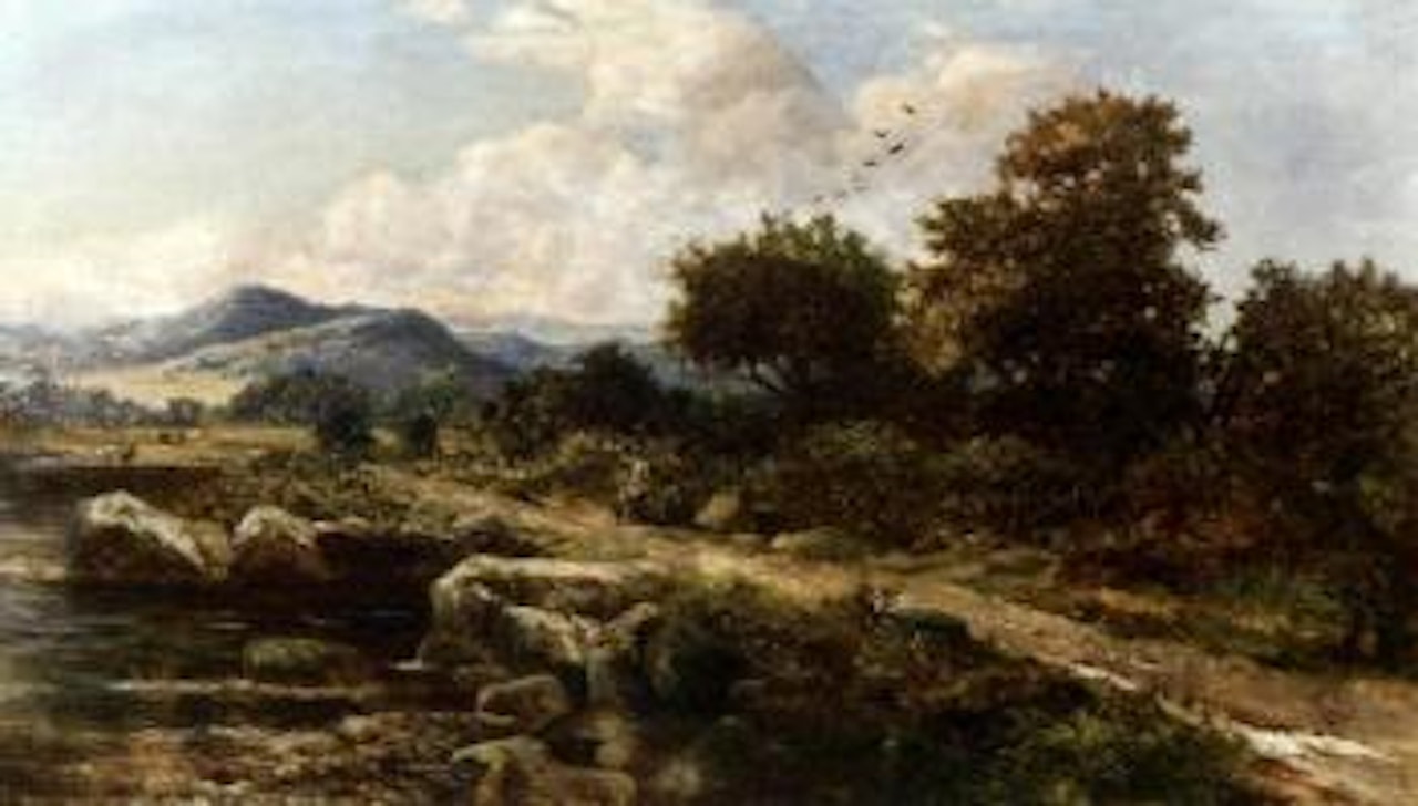 Travellers resting by a river in a mountainous landscape by Benjamin Williams Leader