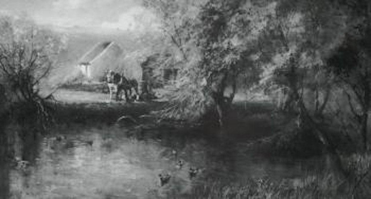 Horses hauling timber by the farmyard pond by Kenneth Webb