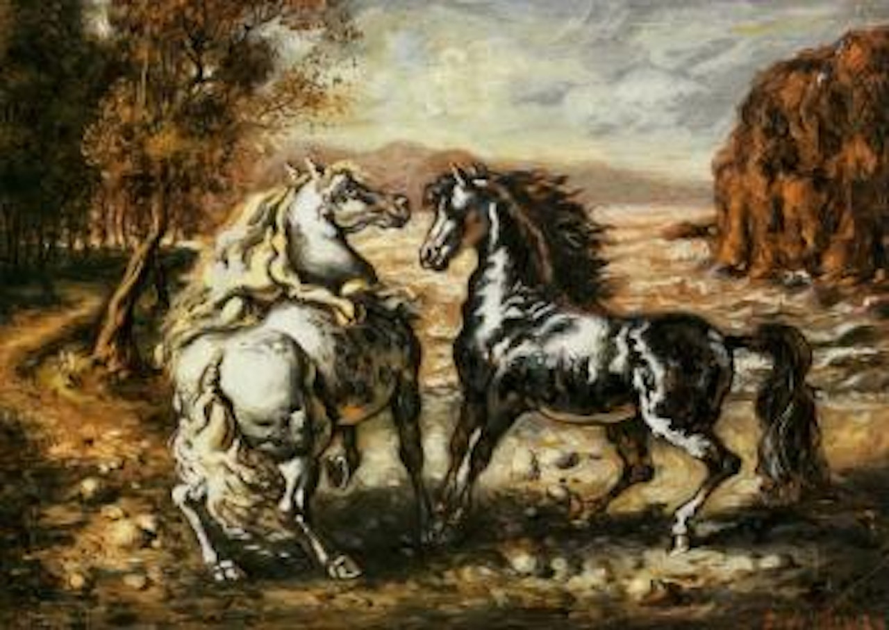 Cavali in un paese con bosco e marina by Giorgio de Chirico
