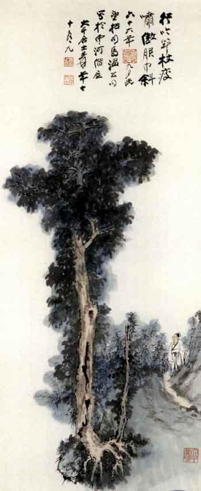 Scholar strolling in a forest by Zhang Daqian