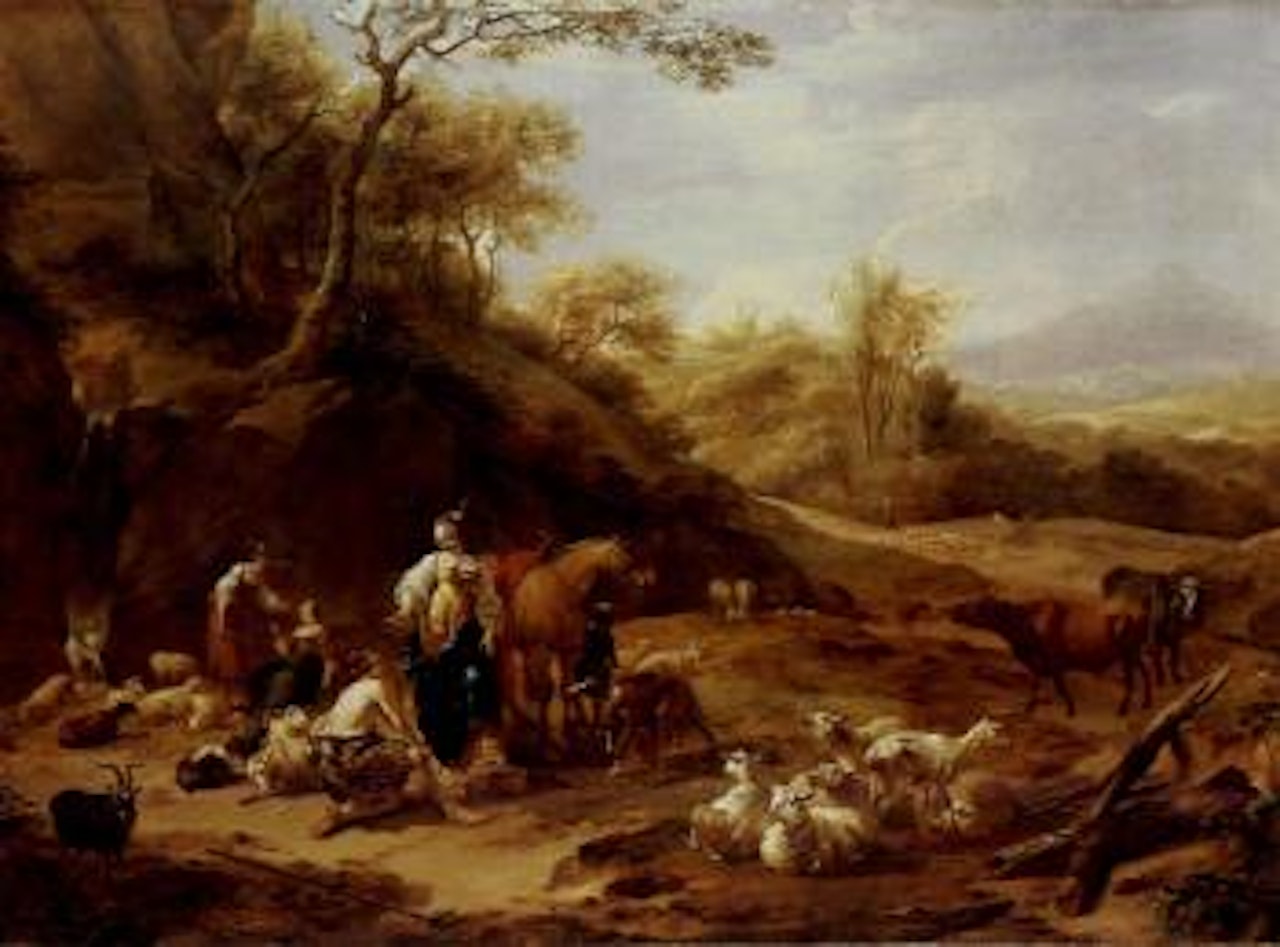 Extensive wooded landscape with the meeting of Granida and Daifilo by Nicolaes Pietersz Berchem