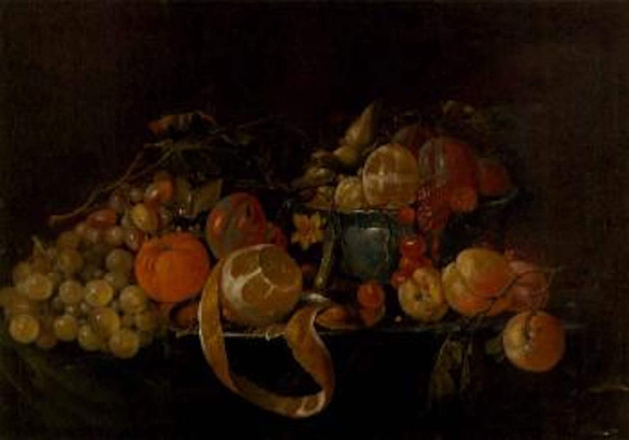 Partly peeled lemon on a pewter plate, plums, cherries and other fruit on a table by Cornelis de Heem