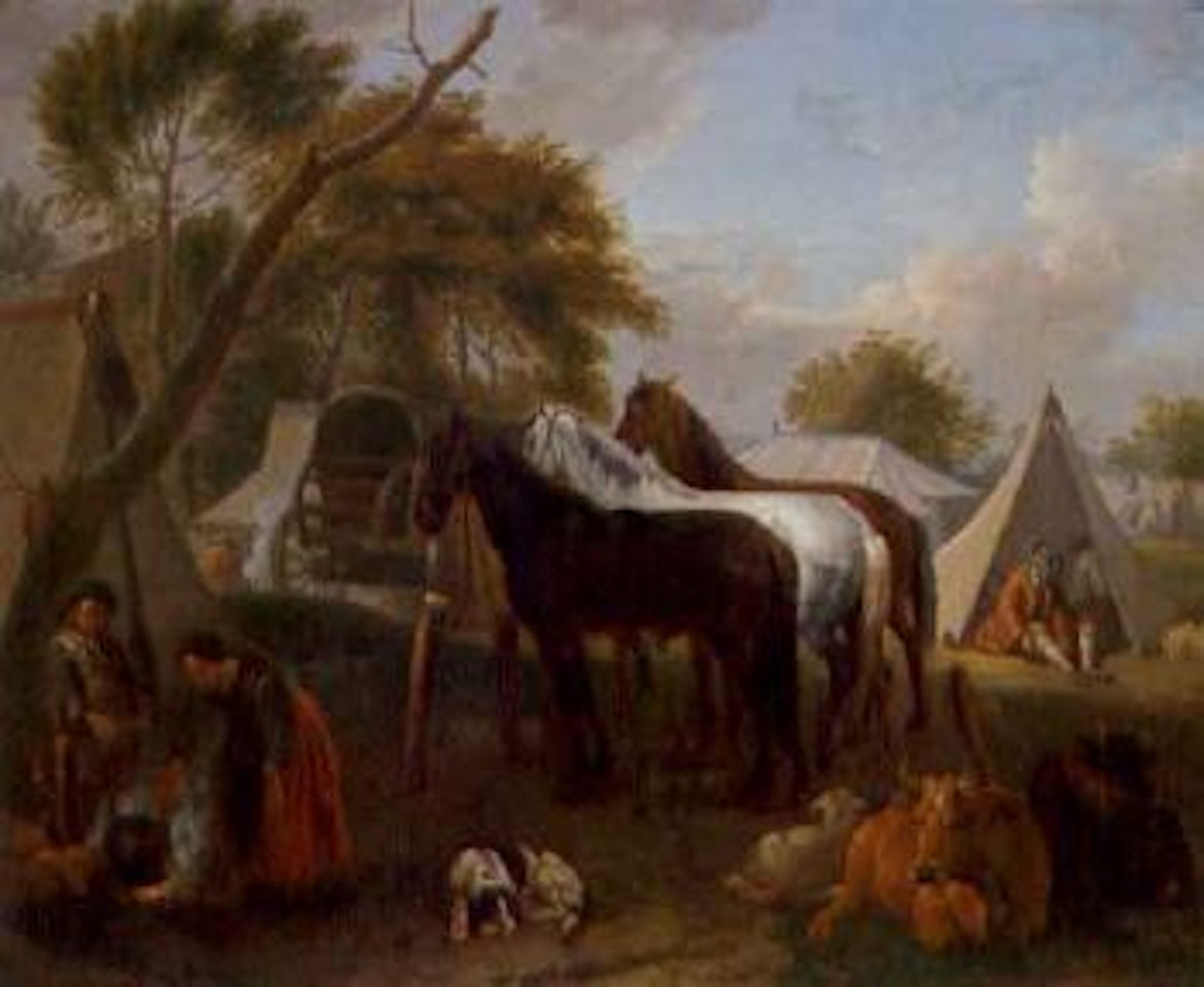 Military encampment with figures cooking in the foreground by Pieter van Bloemen