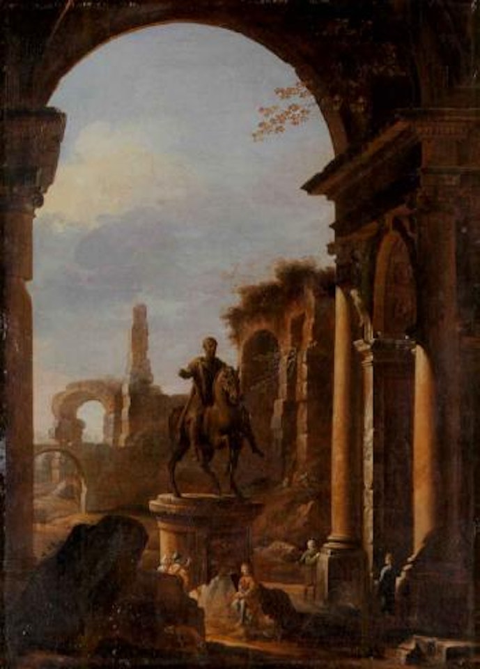 Capriccio of Roman ruins with peasants amongst the ruins by Viviano Codazzi