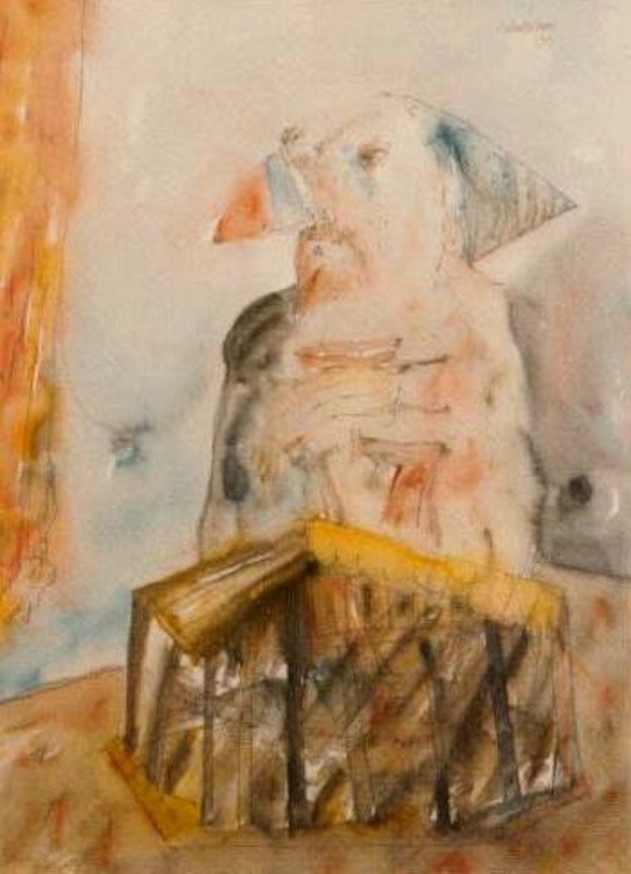Puffin portrait with caged fish by John Bellany