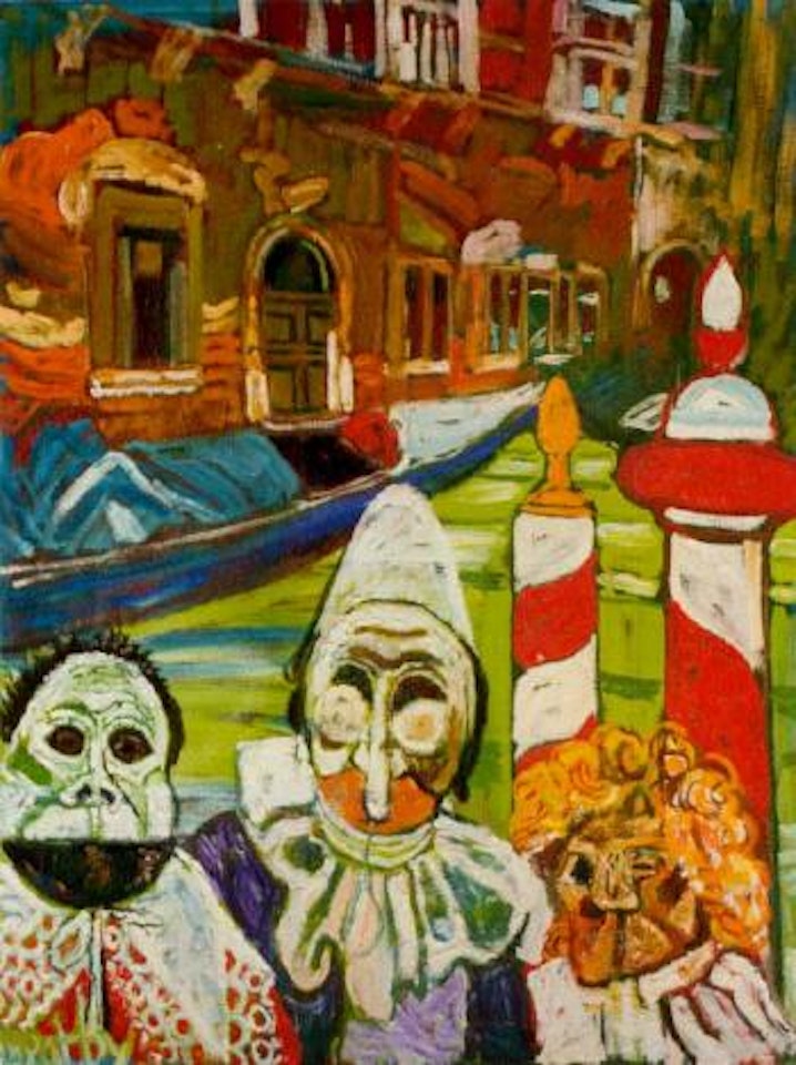 Carnival character outside Bauer Grunwald by John Bratby