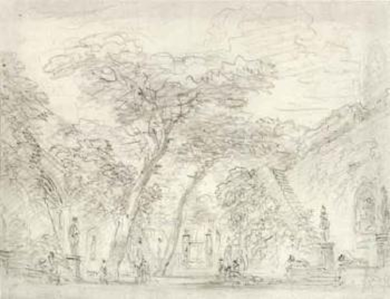 Garden with sculpture among Roman pines, steps mounting a high wall by Jean-Honoré Fragonard