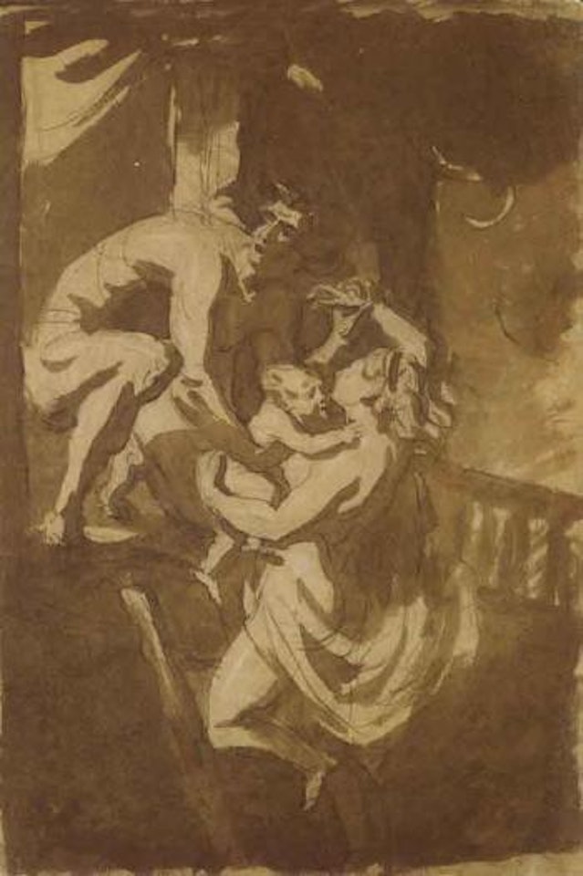 Couple with a child escaping from a burning house by Jean-Baptiste Greuze