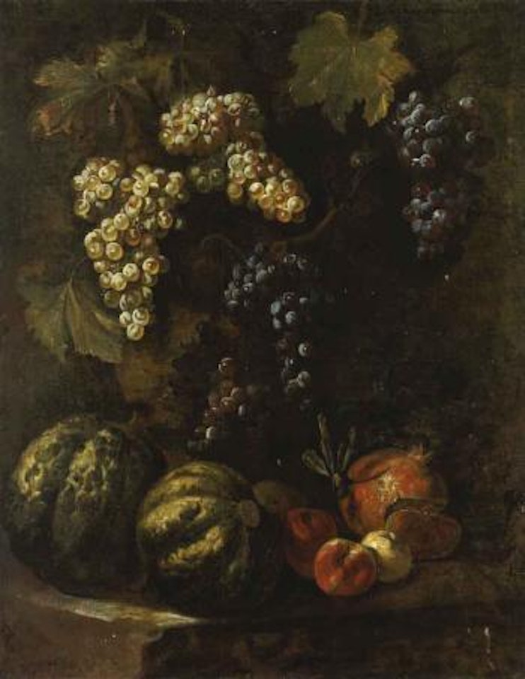 Still life with grapes, melons and pomegranates by Abraham Brueghel