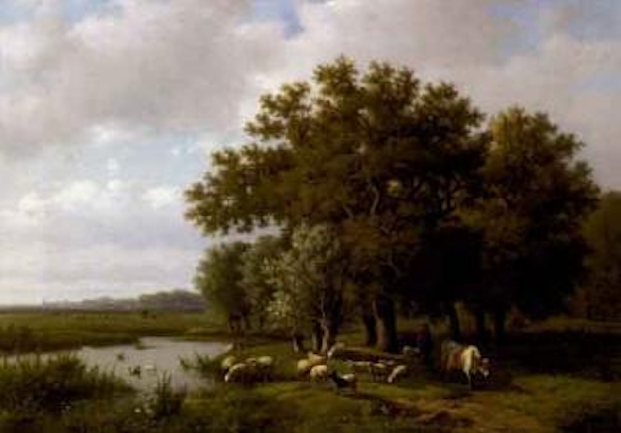 Berger et son troupeau au bord de l'etang by Alexander Joseph Daiwaille by Eugène Joseph Verboeckhoven