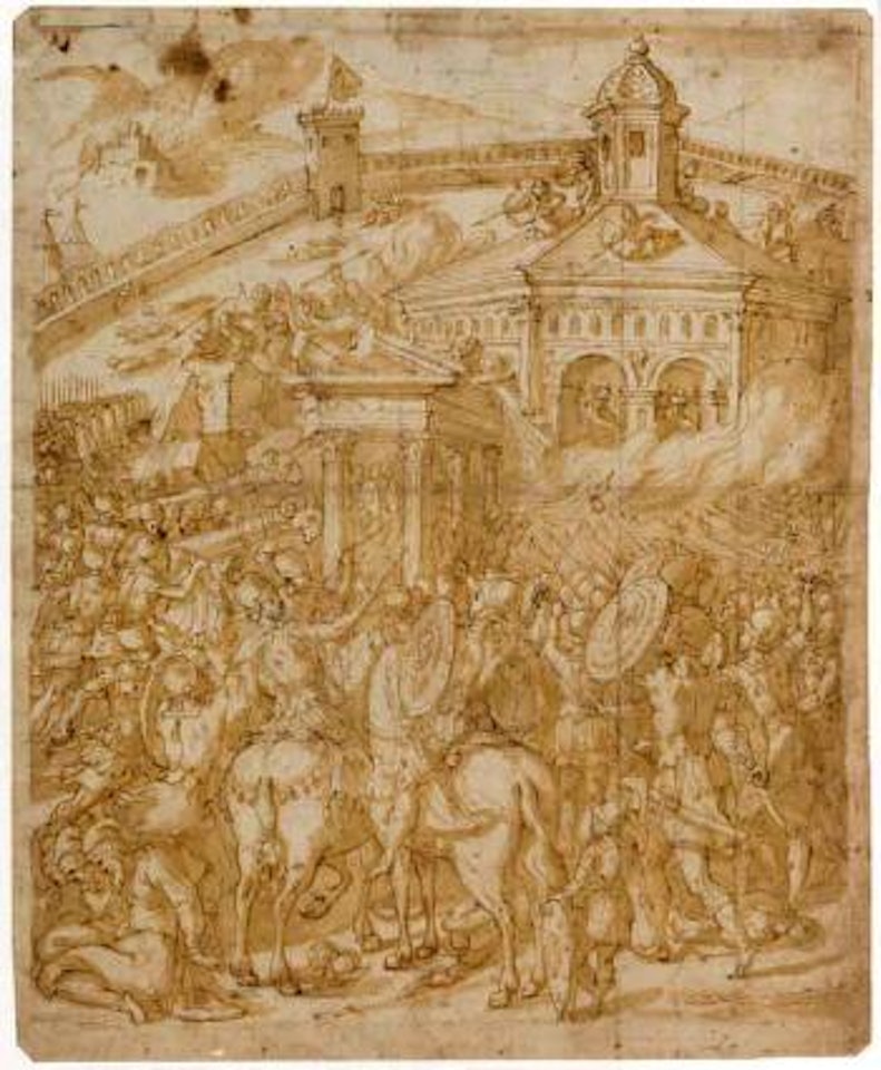 Roman soldiers attacking a temple within city walls by Francesco Salviati