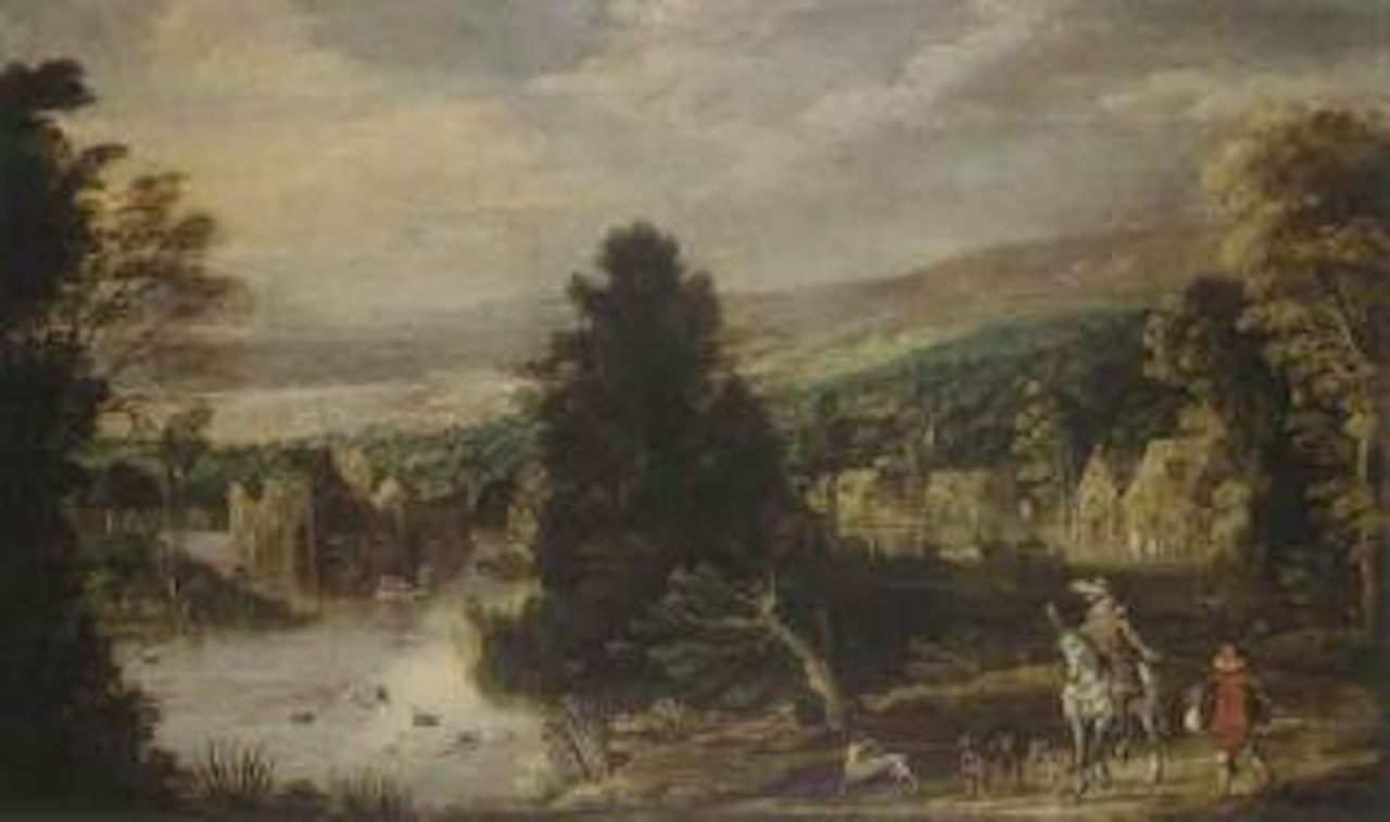 River landscape with huntsmen and hounds by Joos de Momper the Younger