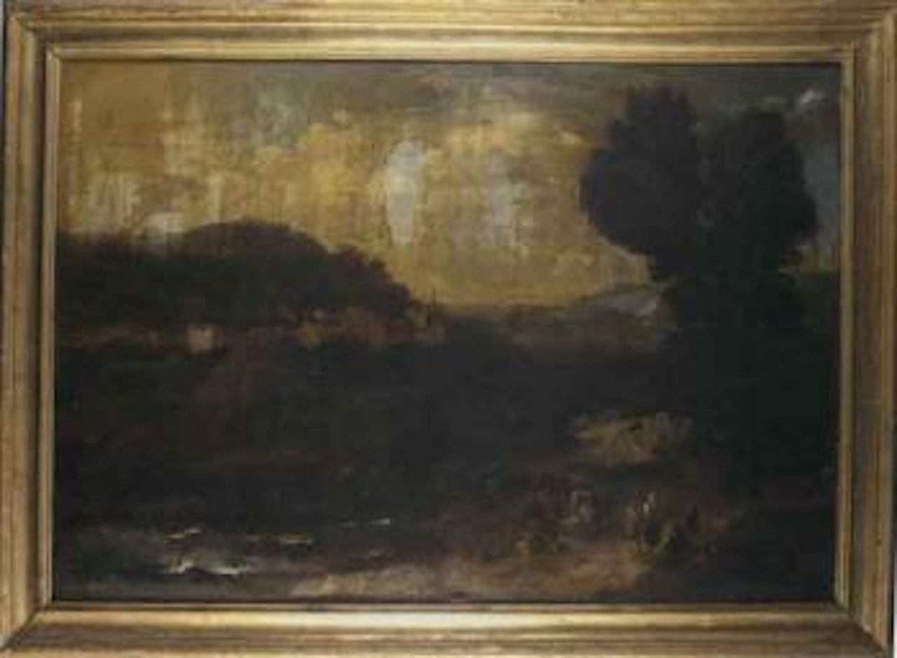 Italianate landscape with figures and mules in the foreground by Adriaen Frans Boudewyns by Pieter Bout