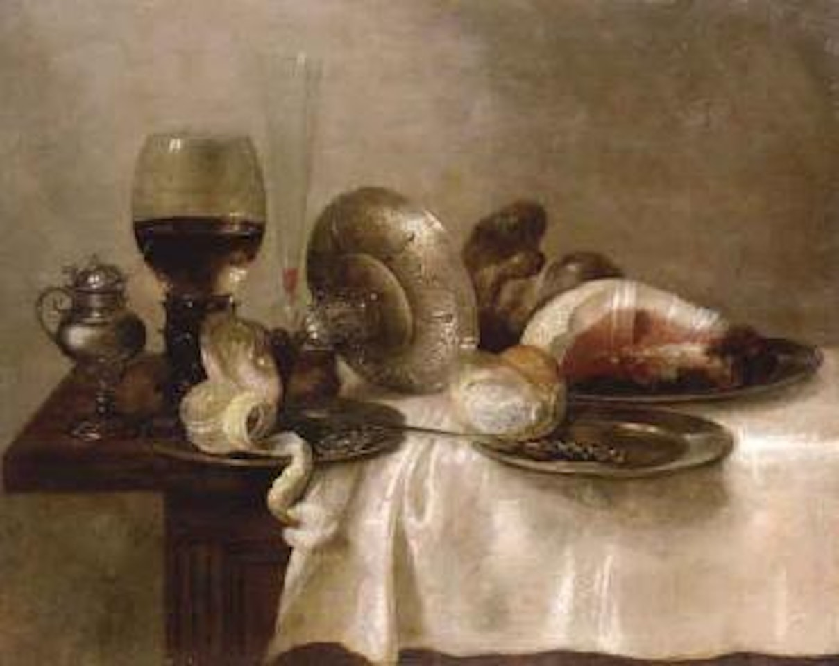 Half-filled roemer, glass, overturned tazza, other objects on half draped table by Willem Claesz Heda