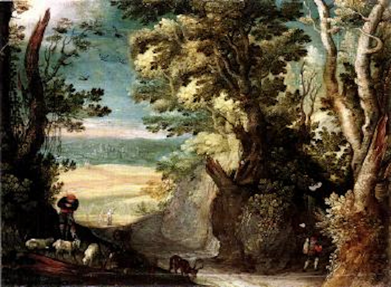 Wooded landscape with herdsmen tending goats, town in the distance by Paul Bril