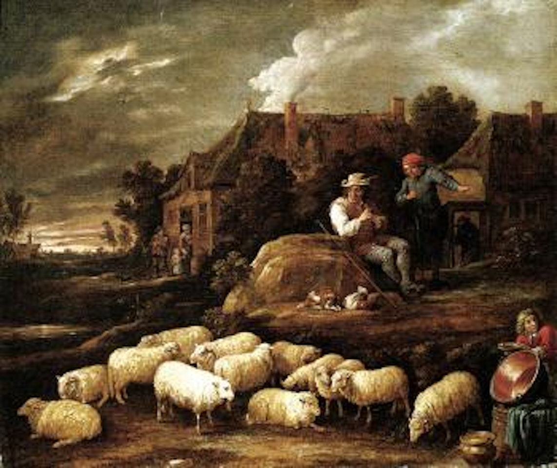 Shepherd with sheep conversing with a traveller at the edge of a village by David Teniers II