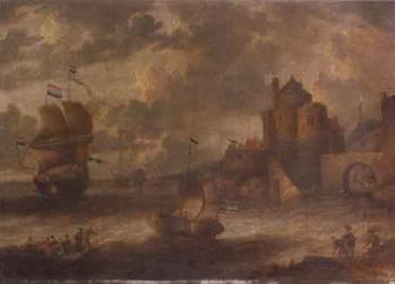 Mediteranean landscape with Dutch men o'war, a pink and rowing boat by Pieter van de Velde