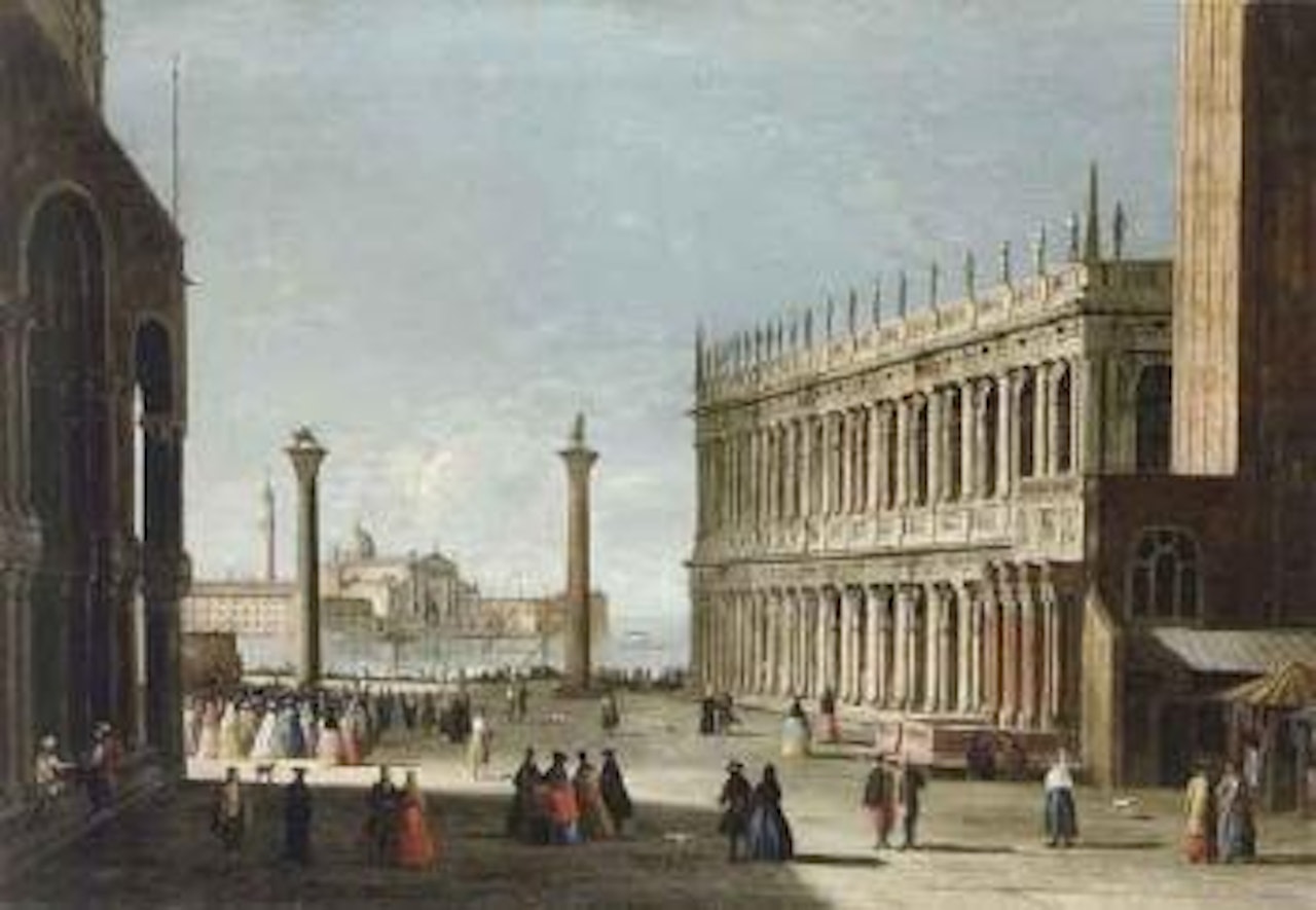 Elegant figures in the Piazzetta, Venice with view of San Giorgio Maggiore by Apollonio Domenichini