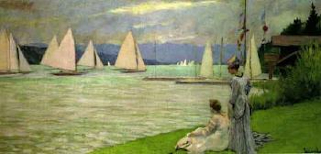 Two women on lake shore watching sailing boats by Edward Cucuel