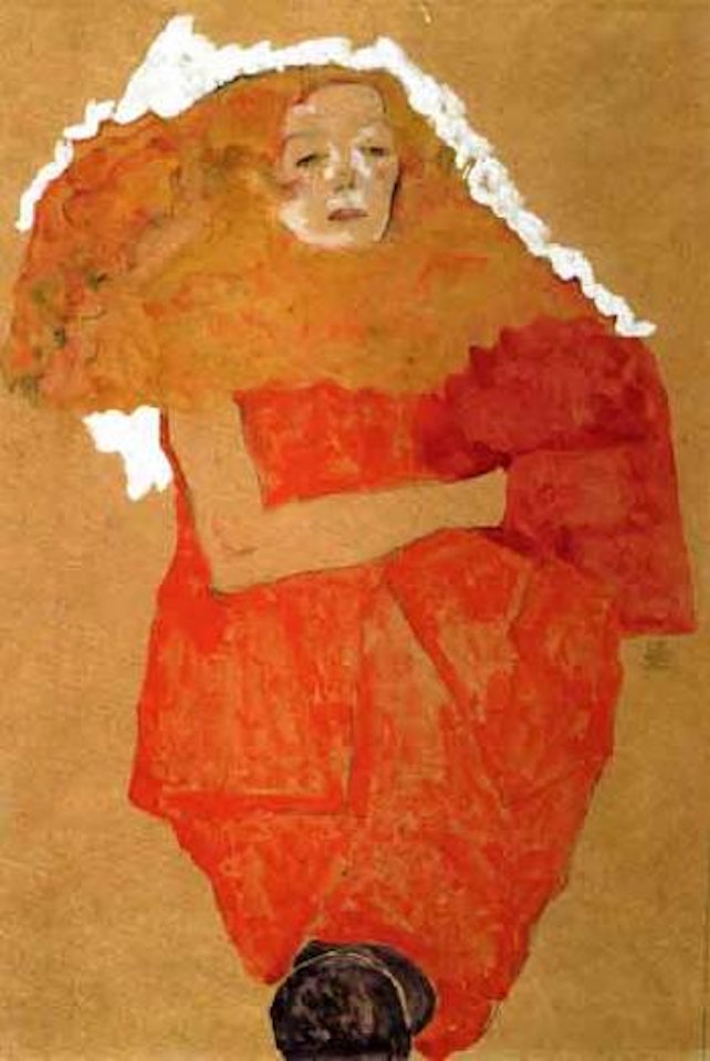 Woman with red muff and wearing orange dress by Egon Schiele