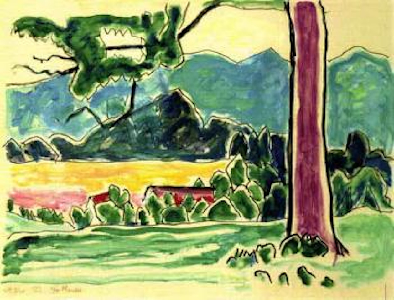 Pink tree trunk and landscape by Gabriele Münter
