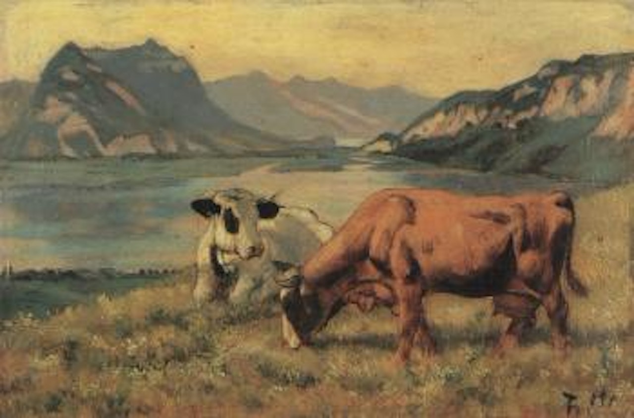 Cows in meadow with view of Harder and Bodeli from Interlaken by Ferdinand Hodler