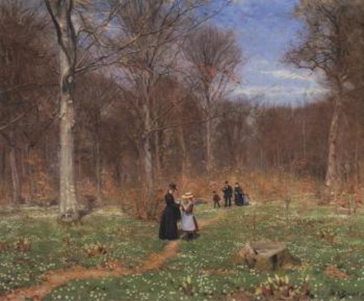 The first wood anemones, family on outing in spring wood by Hans Andersen Brendekilde