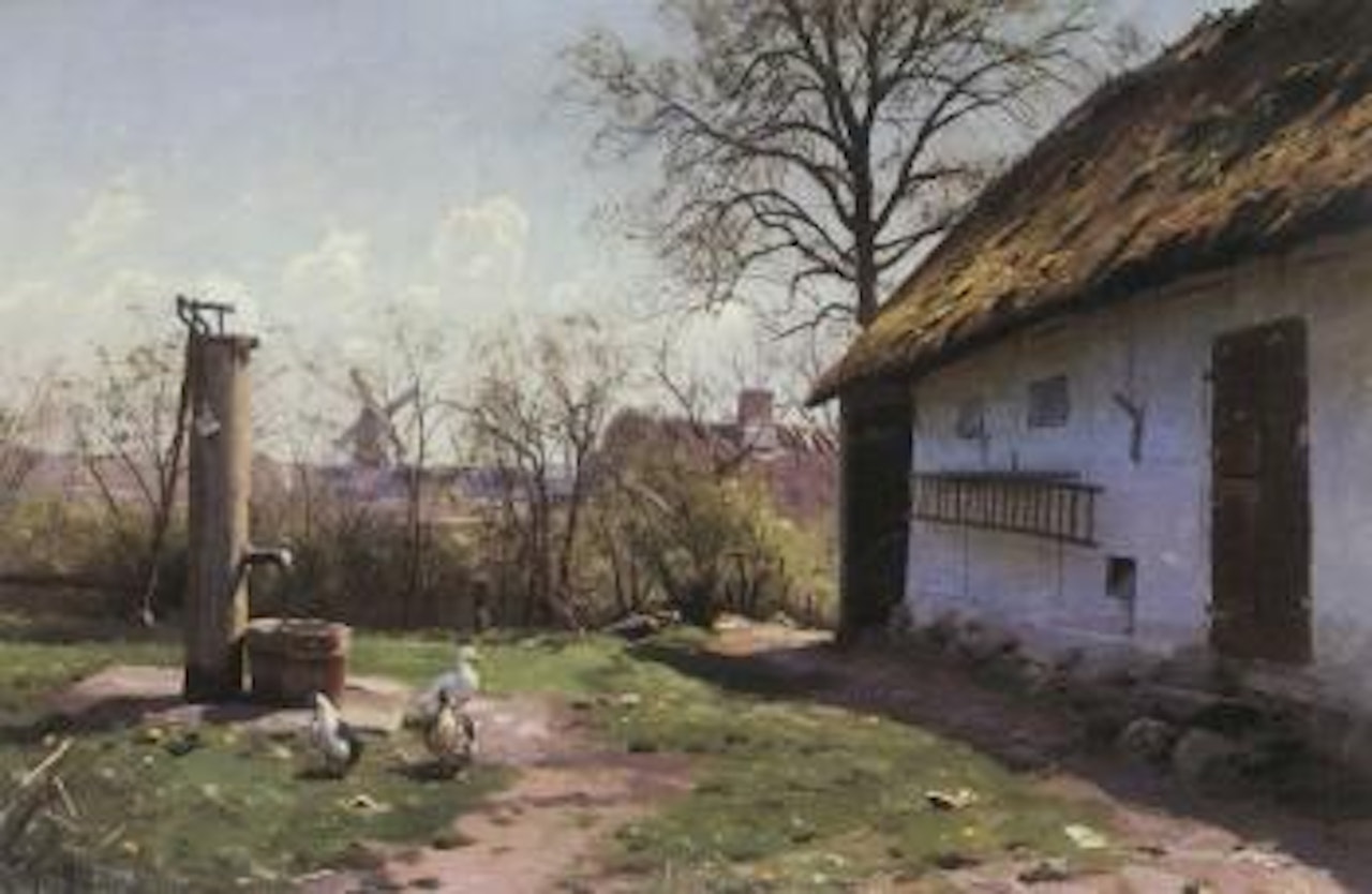 Ducks in front of farmhouse, summer by Peder Mork Monsted