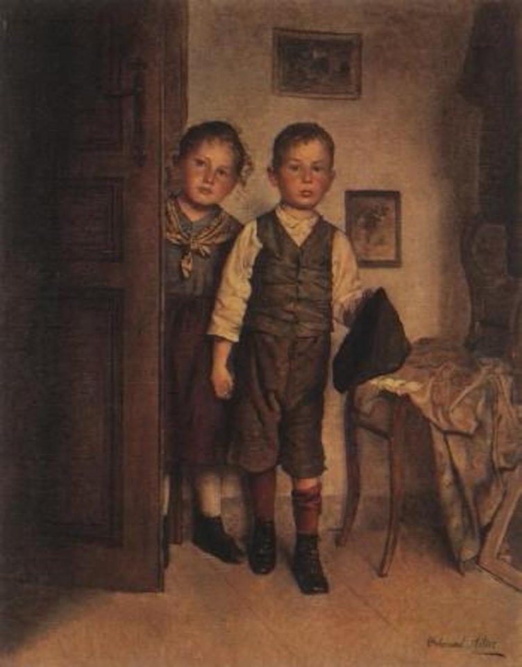 Two children in doorway by Edmund Adler