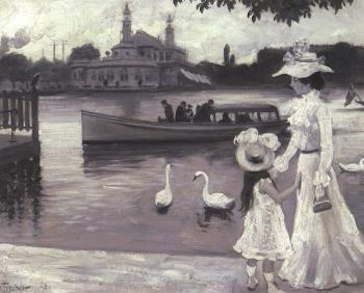 Mother and child feeding swans near Soepavillion by Paul Fischer