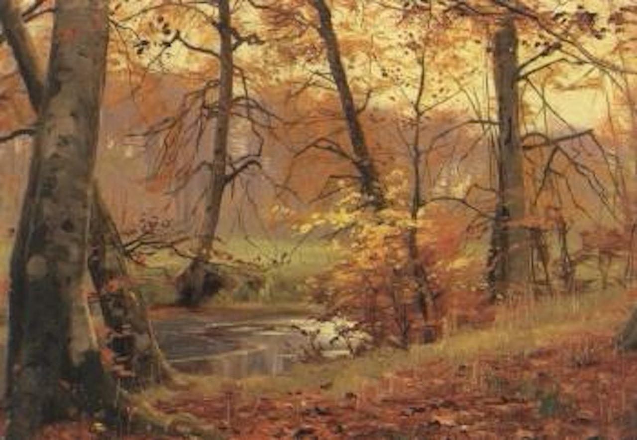 Autumn forest with lake by Peder Mork Monsted